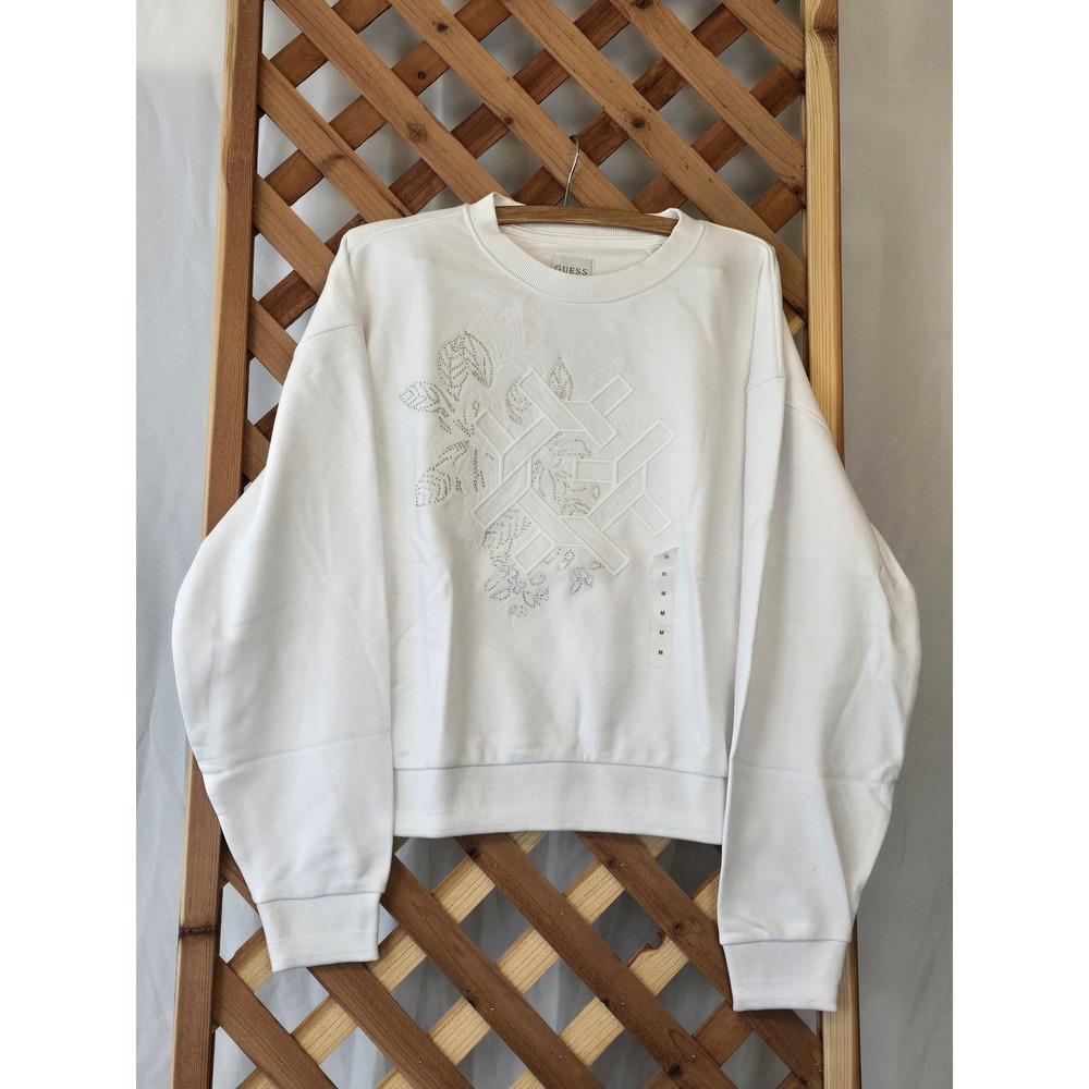 Guess G-Wave Logo Fleece Sweatshirt Womens Medium Pure White Embroidered -New